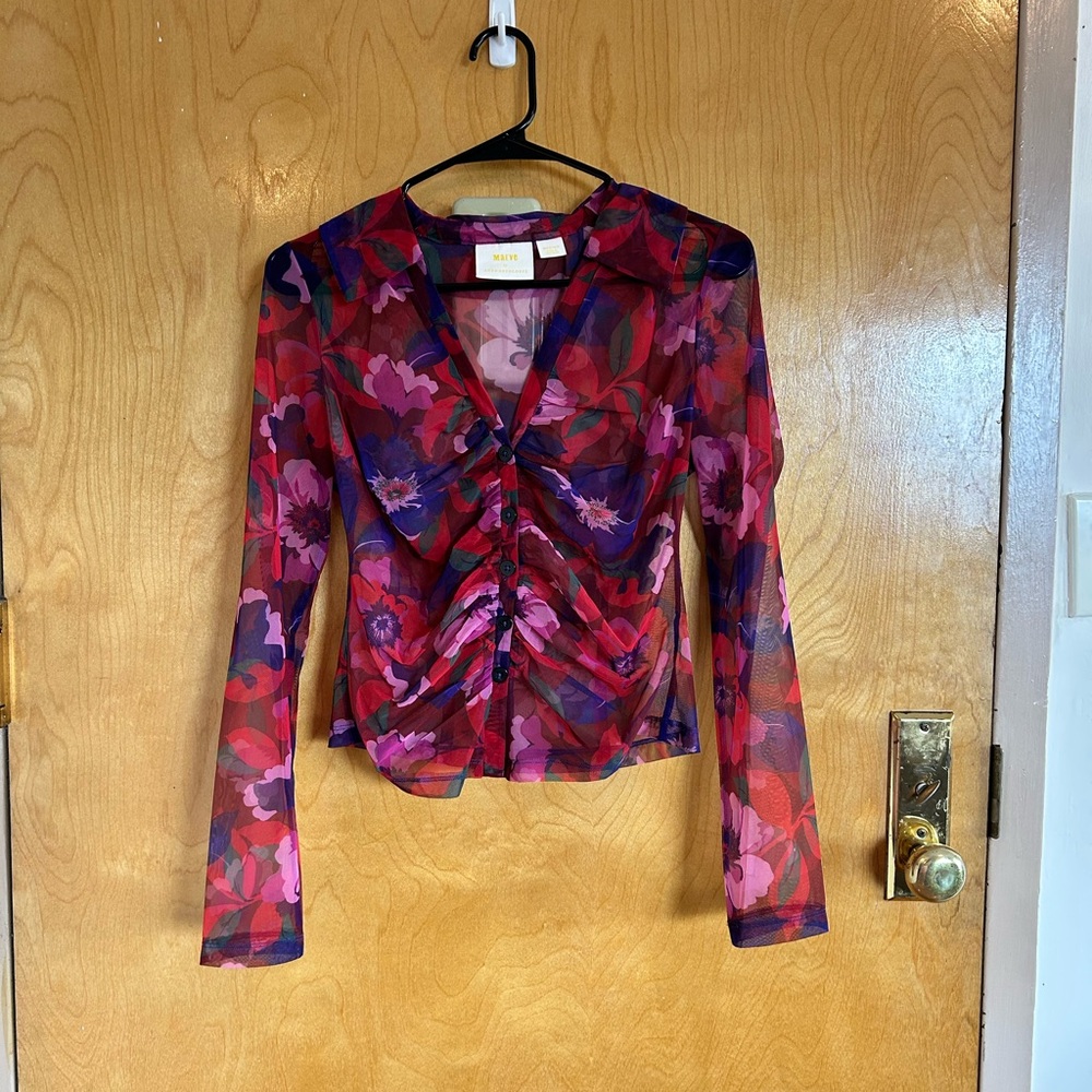 Anthropologie Ruched Red and Purple Long Sleeve Blouse